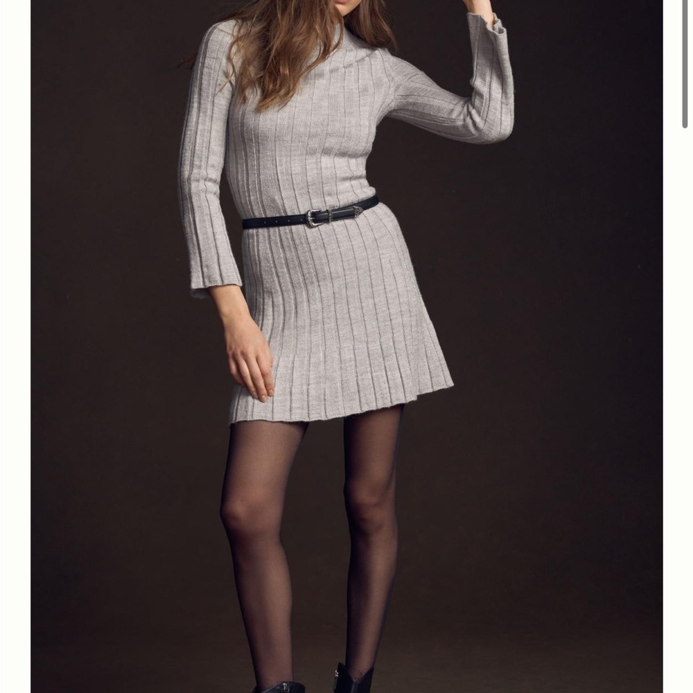 ANTHROPOLOGIE long sleeve A-line sweater dress ribbed knit grey size large